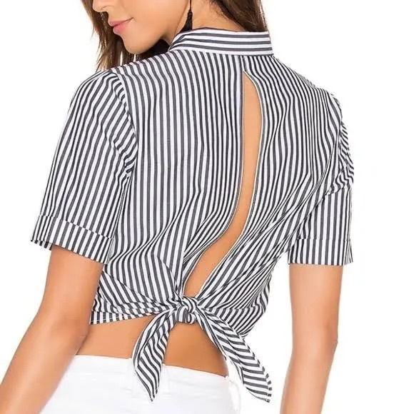 Kendall & Kylie Tops - Open Back Top in Black & White Vertical Stripe Shirt